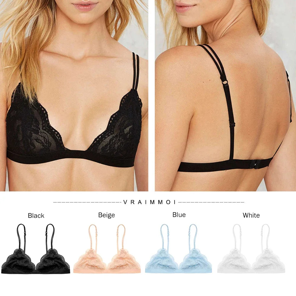 Sexy Lace Thin Triangle Bra for Women Wireless Lingerie Underwear Transparent Solid White/Black Bralette